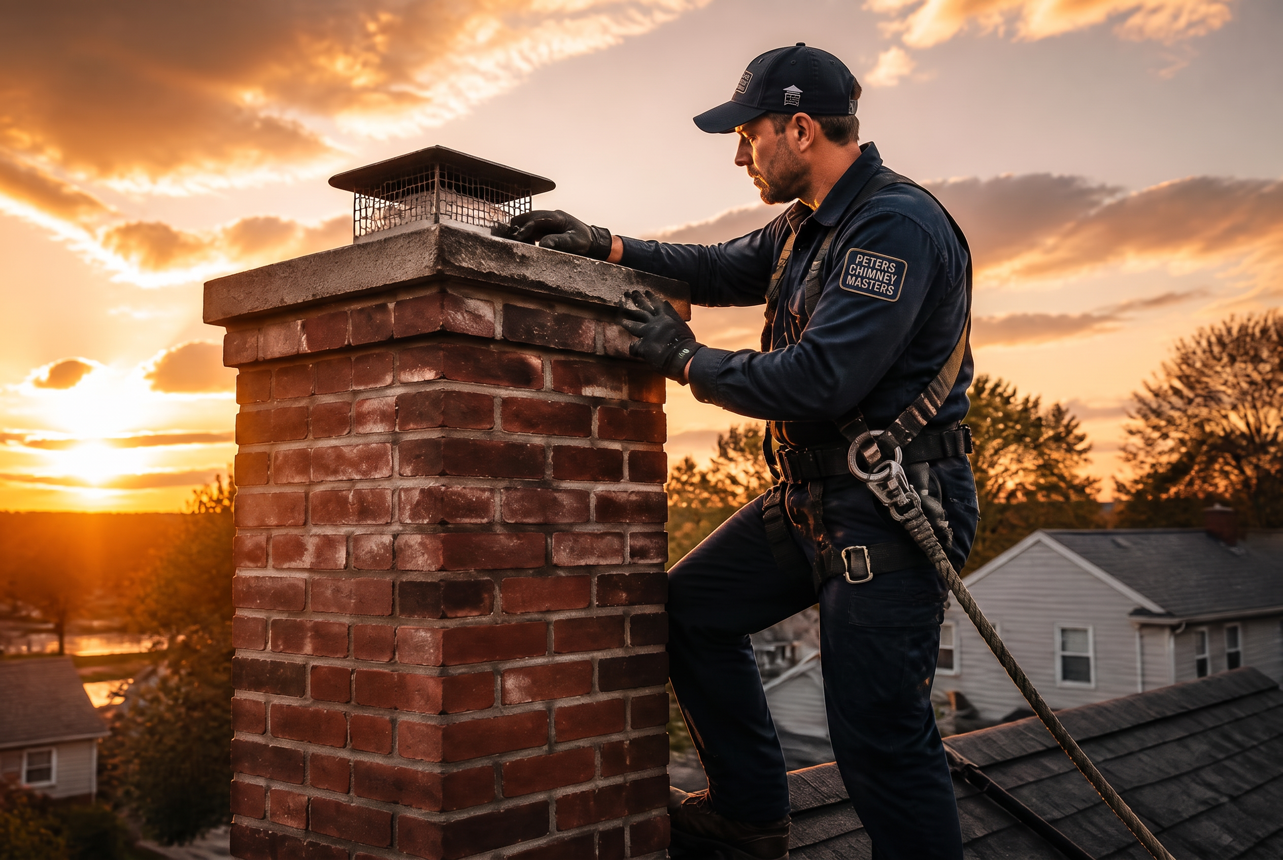 Professional chimney technician inspecting a brick chimney on a residential rooftop at sunset