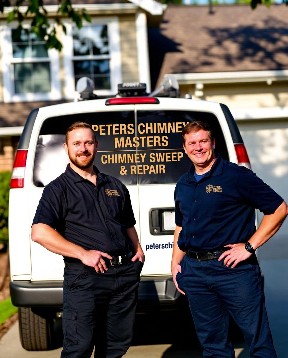 Peters Chimney Masters technicians standing in front of their service van